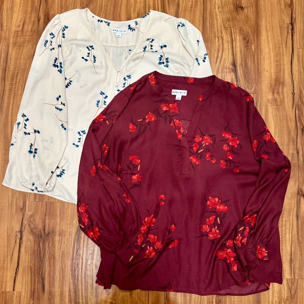 Two Ava & Viv Blouses with Red Floral and Cream Floral Prints